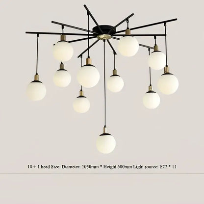 Modern black metal chandelier with ten frosted art glass ball lights and central fixture for living room decorbites art glass