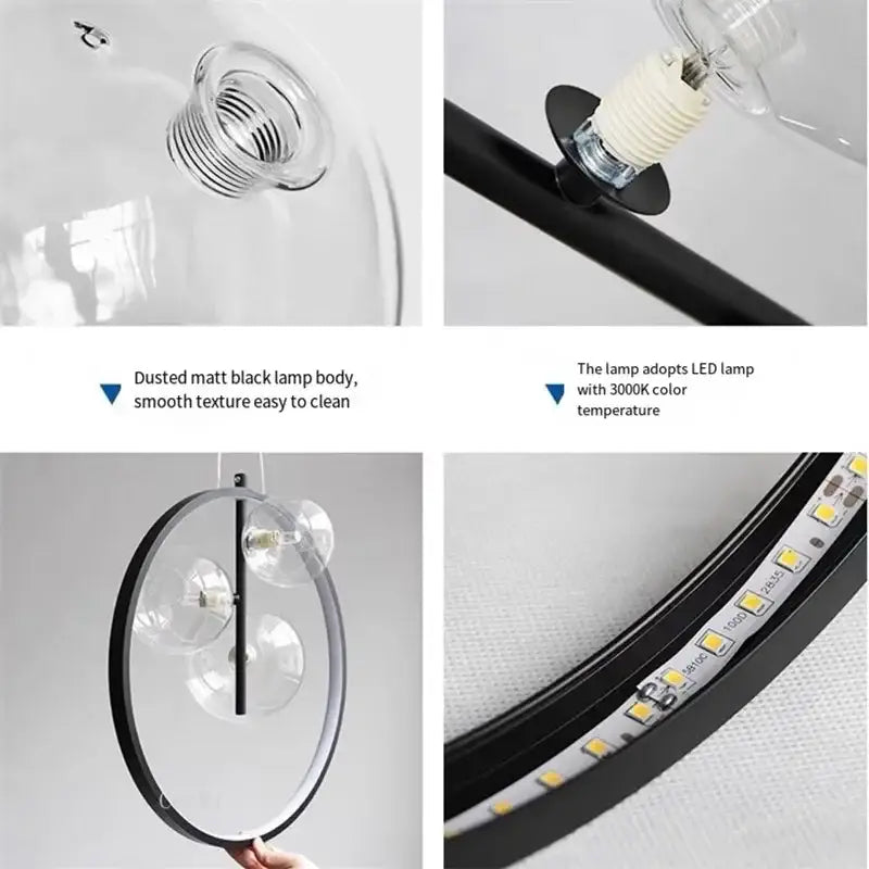 Modern black ball bubble led pendant light with dusted matte metal frame and clear glass globes for dining room
