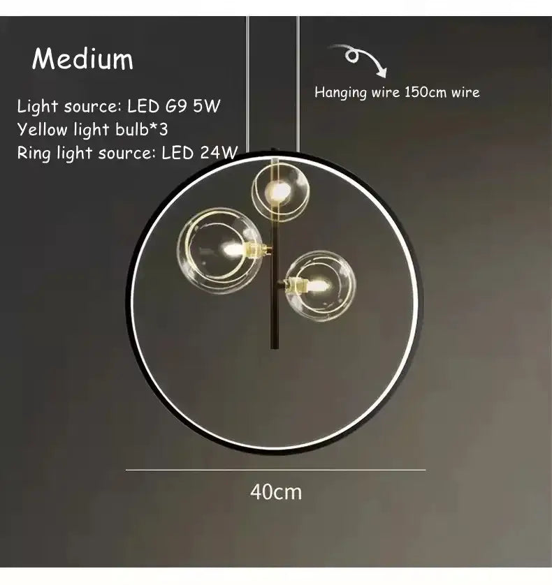 Modern black ball bubble led pendant light with three clear glass bulbs and glowing ring for dining room use