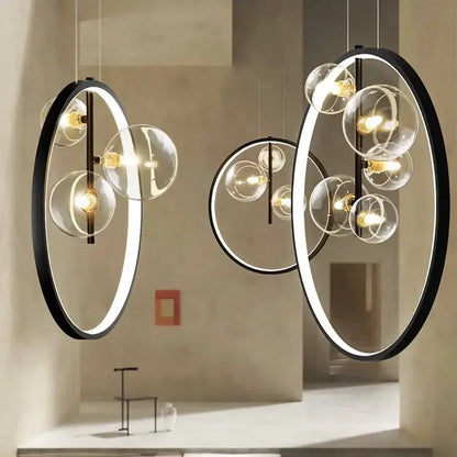 Modern black ball bubble led chandelier with black-framed pendant light and glowing glass spheres for dining room