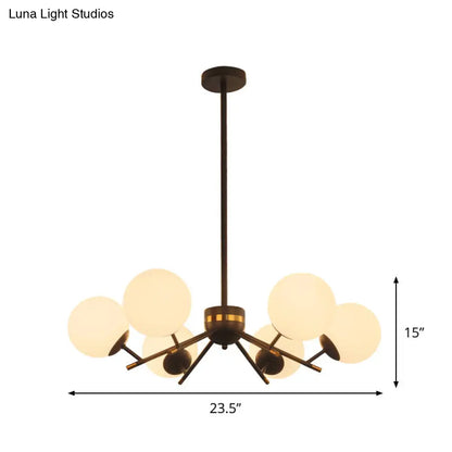 Lámpara de araña moderna de bolas negras con 6 bombillas y péndulo de cristal blanco esmerilado