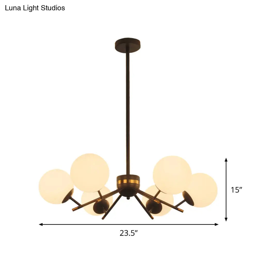 Lámpara de araña moderna de bolas negras con 6 bombillas y péndulo de cristal blanco esmerilado