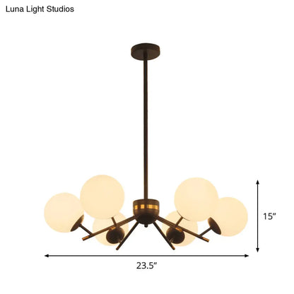 Lámpara de araña moderna de bolas negras con 6 bombillas y péndulo de cristal blanco esmerilado