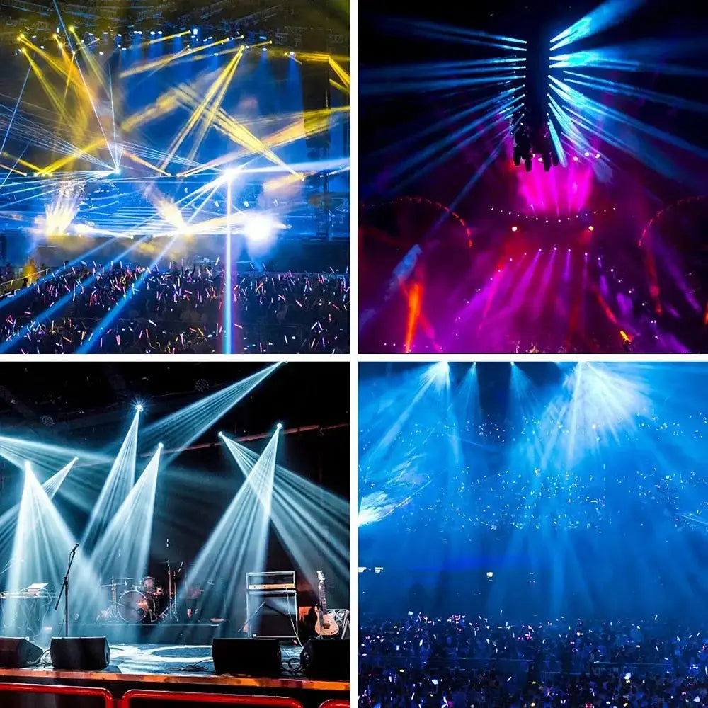 A modern black decorbites big dipper 10w spot light projecting vibrant blue yellow purple and white beams on stage