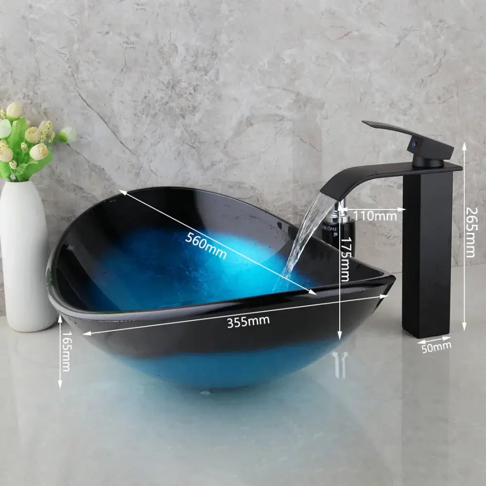 Modern black and blue glass vessel sink basin tap set featuring a gradient glass basin tap with matching black faucet
