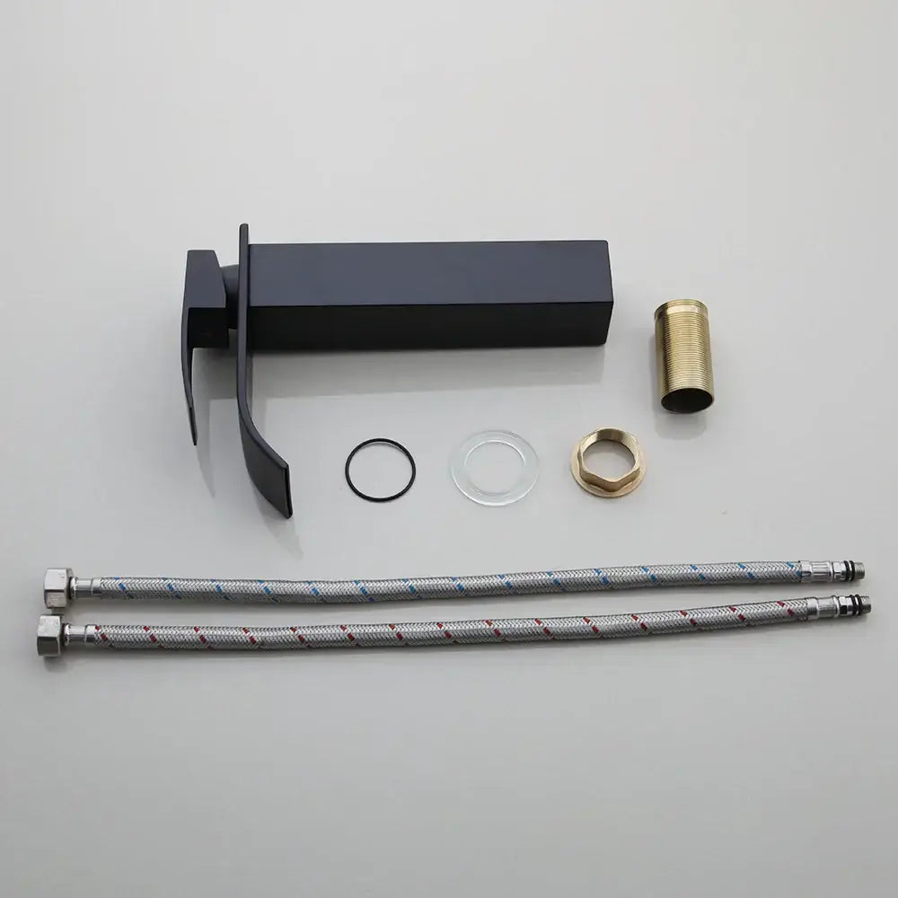 Modern black matte finish basin tap set with brass fittings and matching mounting bracket for glass vessel sink basin tap