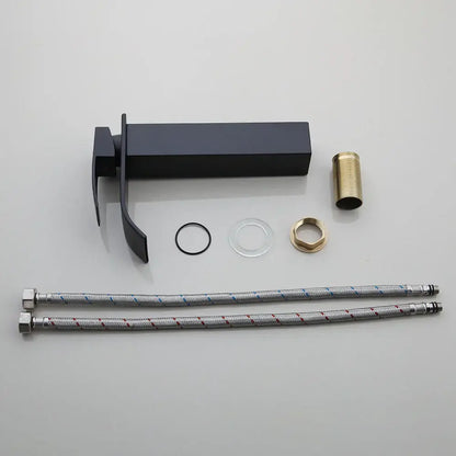 Modern black matte finish basin tap set with brass fittings and matching mounting bracket for glass vessel sink basin tap