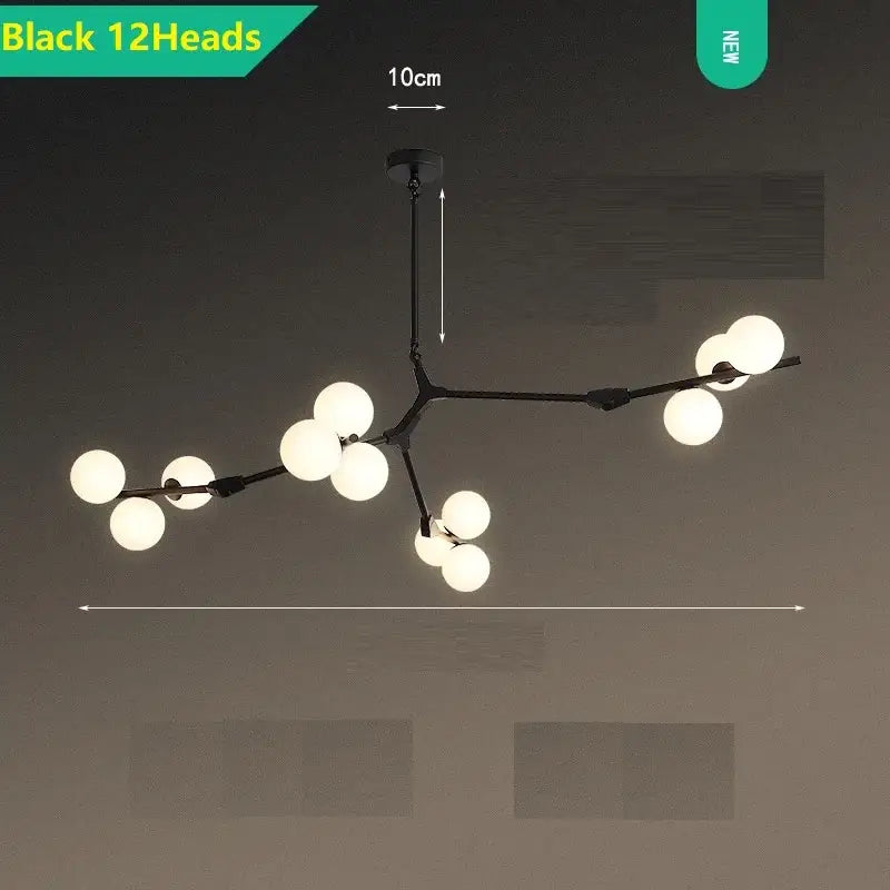 Modern black metal pendant lights with twelve frosted decorbites glass balls led in a branching design for living rooms
