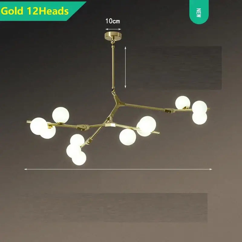 Modern gold-toned pendant lights with twelve frosted decorbites glass balls led bulbs in a branching design for living room decor