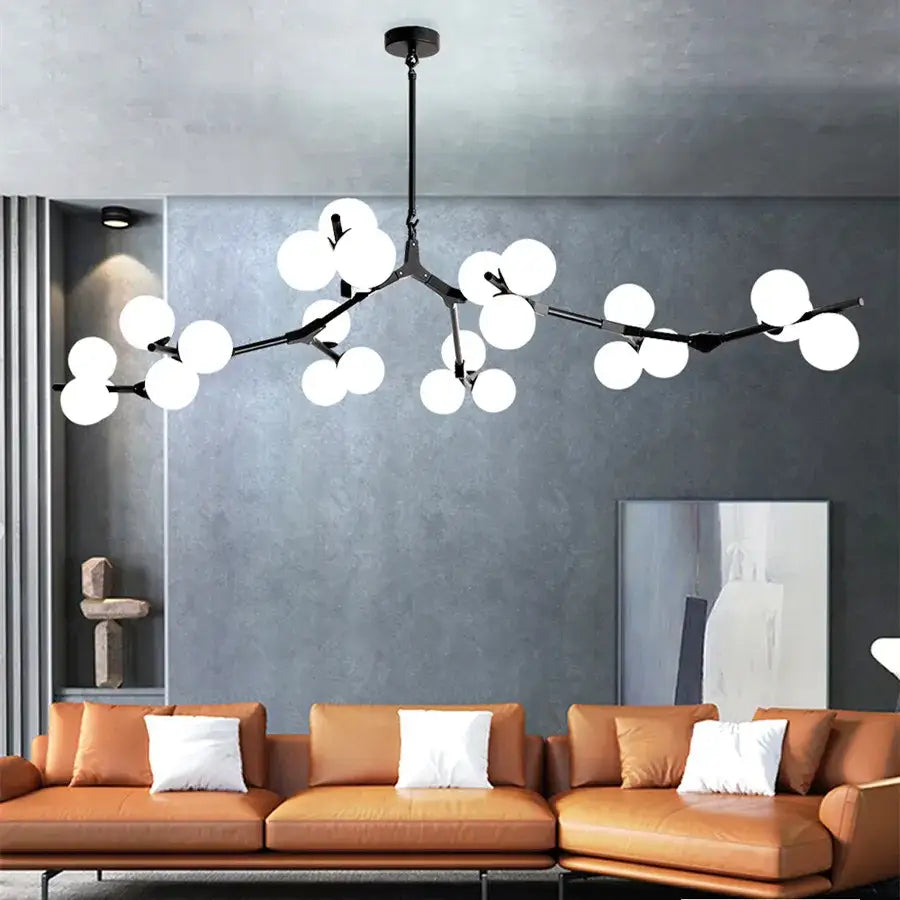 Modern black branching glass balls led pendant lights featuring spherical white glass bulbs for living room decorbites decor
