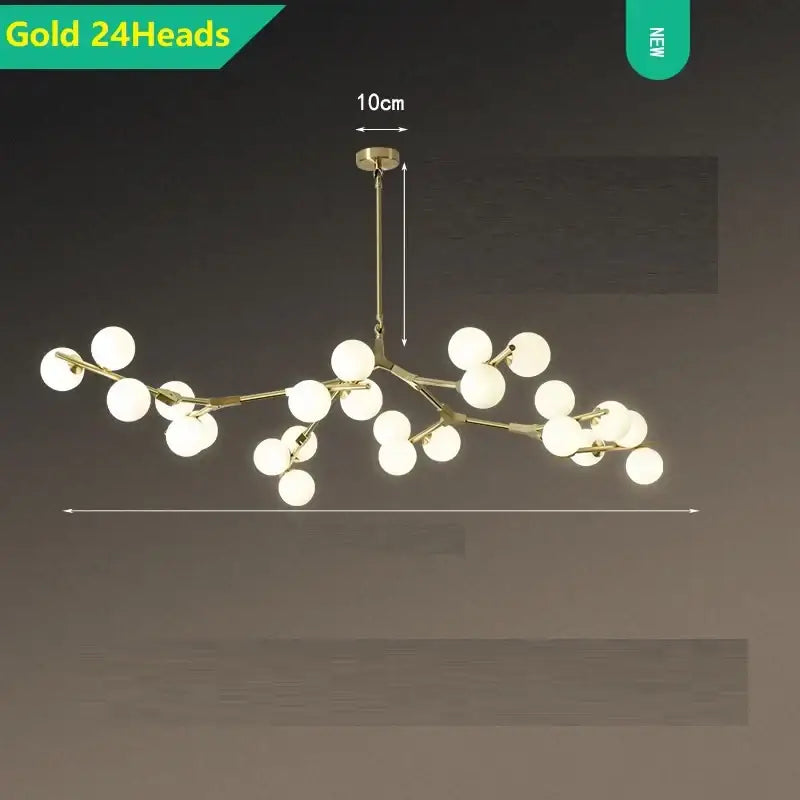 Gold-toned modern pendant lights with 24 white glass balls led in a branching design for living room decorbites glass balls