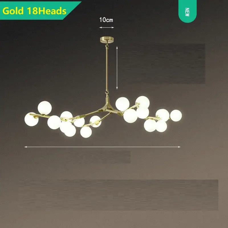 Modern gold-toned pendant lights with 18 white glass balls led in a branching design for living room decorbites glass balls