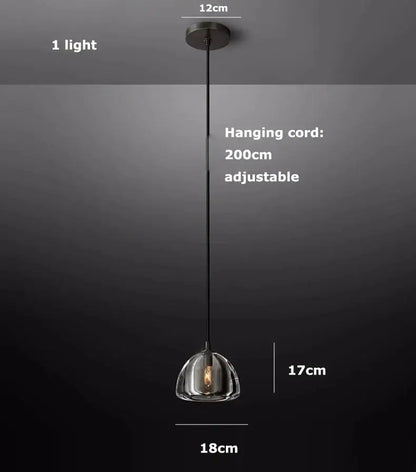 A sleek modern pendant light with clear glass dome and black hanging cord from black brass american series chandelier