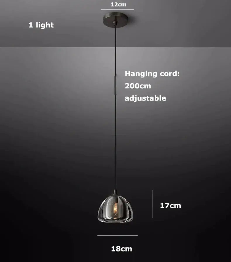 A sleek modern pendant light with clear glass dome and black hanging cord from black brass american series chandelier