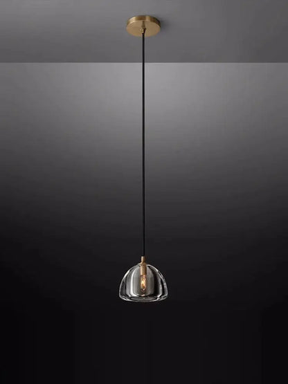 A sleek modern pendant light with clear glass dome and brass accents from the black brass american series by decorbites