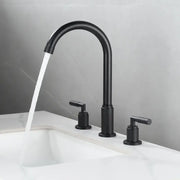Modern black brass basin faucet with textured handles and curved spout water flowing for bathroom decorbites black brass