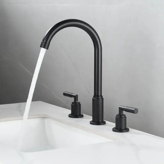Modern black brass basin faucet with textured handles and curved spout water flowing for bathroom decorbites black brass
