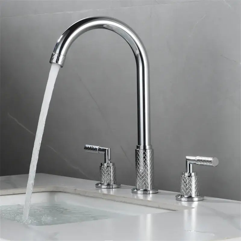 Modern black brass basin faucet with chrome finish high-arc spout and textured diamond-patterned handles decorbites black brass
