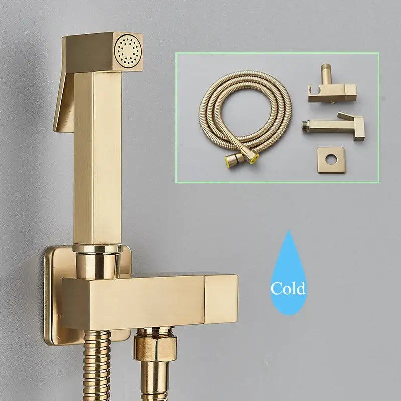 Gold-colored modern rectangular bidet faucet with matching brass hose and mounting hardware decorbites black brass design