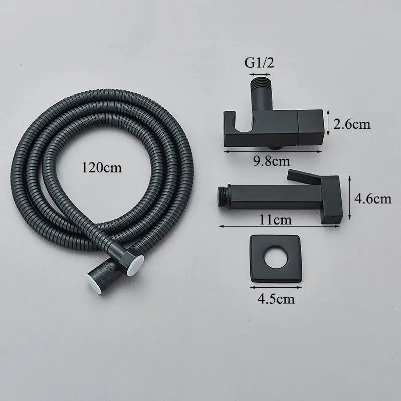 Modern black brass bidet faucet with matte black brass finish and flexible hose from decorbites black brass collection