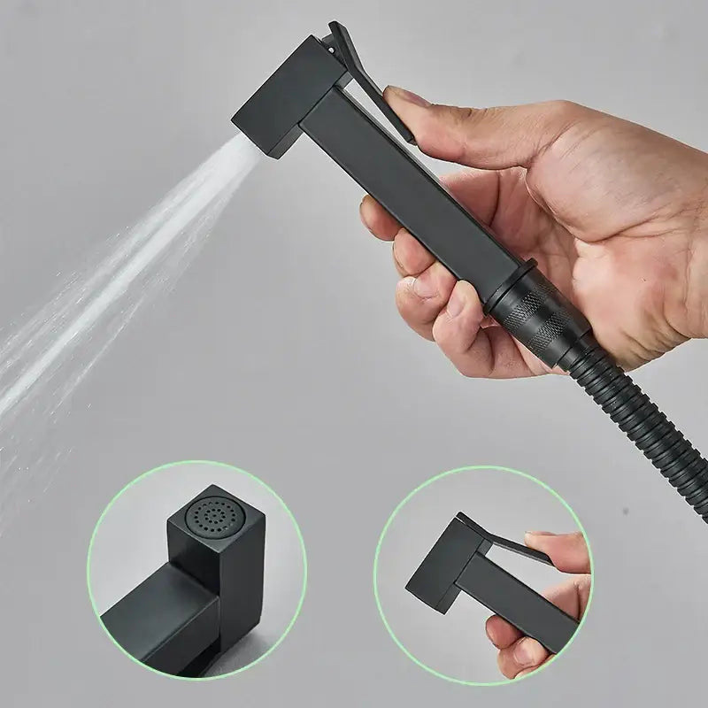 Modern black brass bidet faucet handheld sprayer with black matte finish flexible hose and textured grip by decorbites black brass