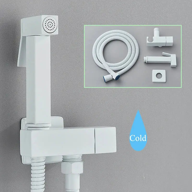 White ceramic wall-mounted bidet faucet with coiled hose and decorbites black brass handheld sprayer accessories