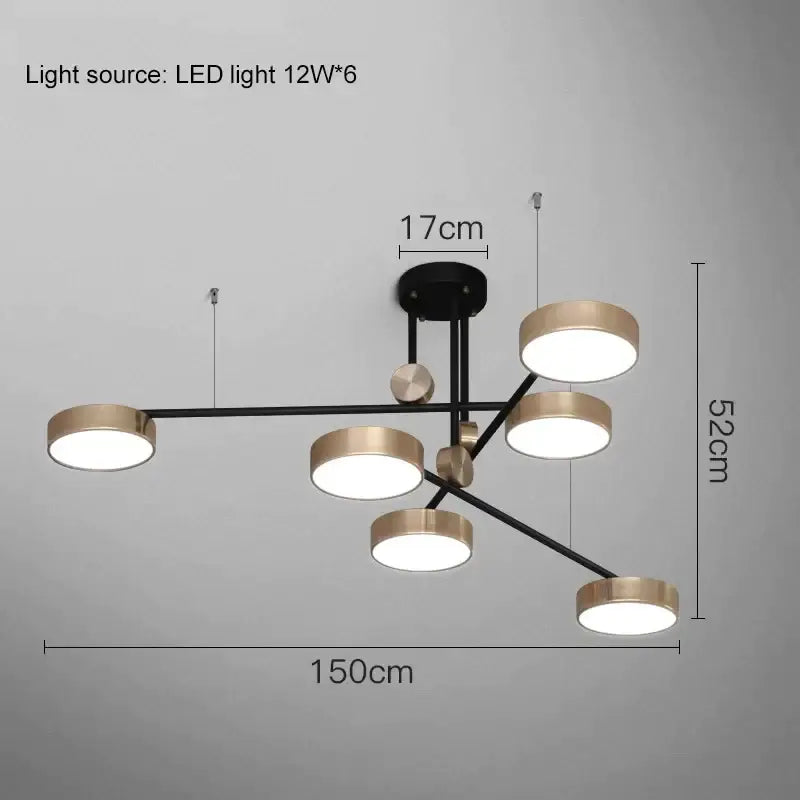Modern black and brass-toned pendant light with six circular fixtures for dining room decorbites elegant golden pendant