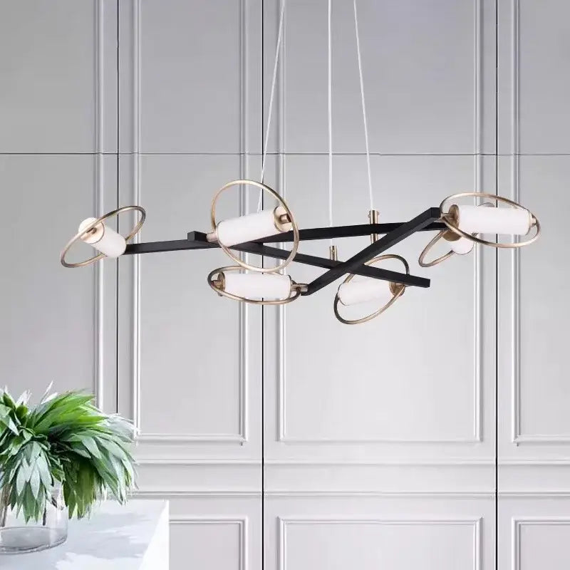 Modern black and brass geometric circular ring led chandelier with frosted glass shades for dining room decorbites circular ring