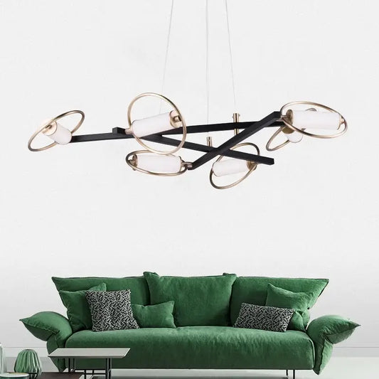 Modern black and brass geometric circular ring led chandelier with frosted glass shades for dining room decorbites circular ring