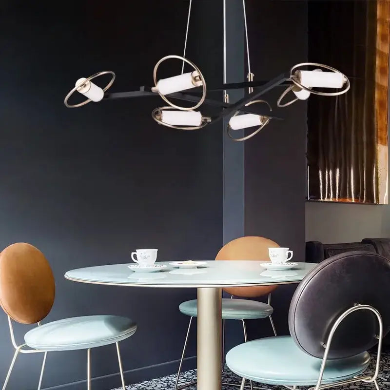 Modern black and brass circular ring LED chandelier with white cylindrical lights for dining room decorbites circular ring