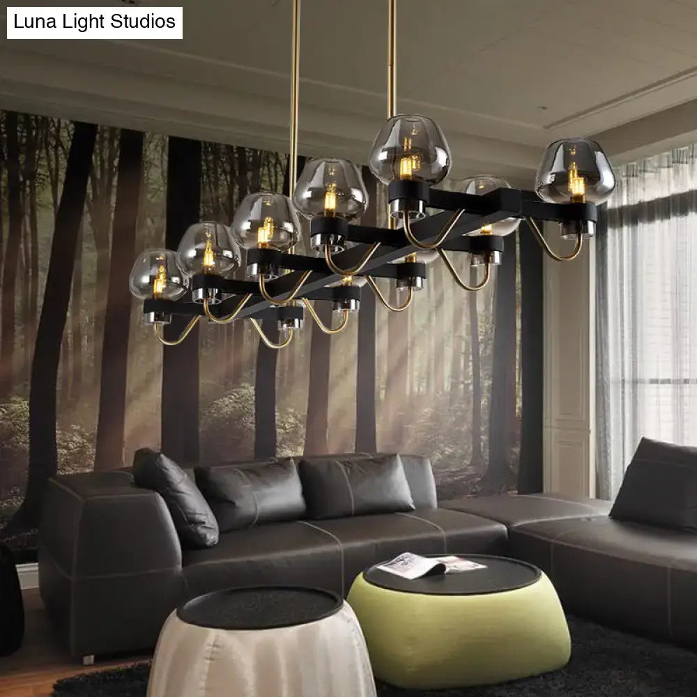 Black and brass DecorBites contemporary island lamp with 10 smoked glass globe bulbs in clear amber smoke 110v-120v