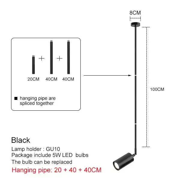 Modern black and brass pendant light with 100cm adjustable height, gu10 led bulb, and directional light design