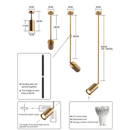 Modern black and brass pendant light with gold adjustable cylindrical design and extendable pipe for directional light use