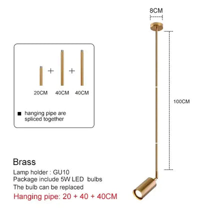 Modern black and brass pendant light with 100cm pipe and gu10 led bulb holder for directional light use