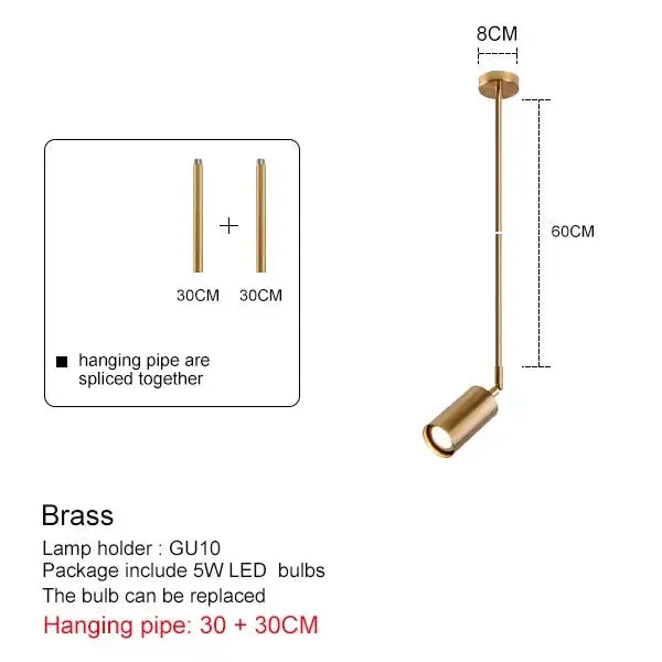 Modern black and brass pendant light with gu10 led bulb holder and two 30cm directional hanging pipes for kitchen use