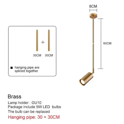 Modern black and brass pendant light with gu10 led bulb holder and two 30cm directional hanging pipes for kitchen use