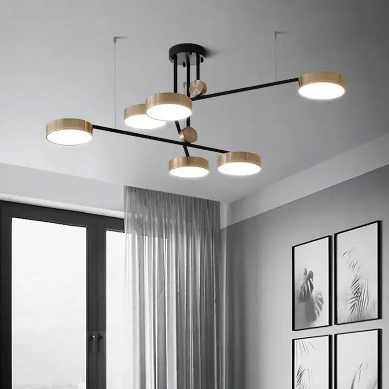 Modern black and brass geometric led chandelier with circular bulbs for dining room decorbites geometric led lighting