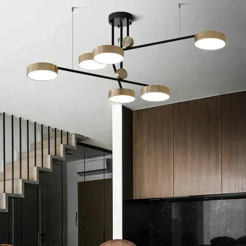 Modern black and brass geometric led chandelier with circular bulbs for dining room decorbites geometric led lighting