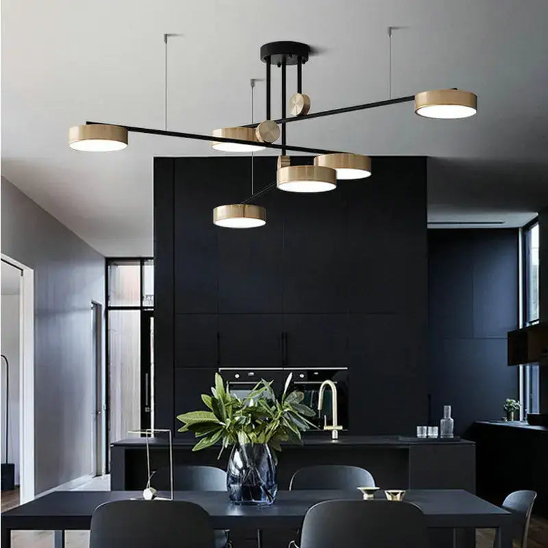 Modern black and brass geometric led chandelier with circular light fixtures for dining room decorbites geometric led model
