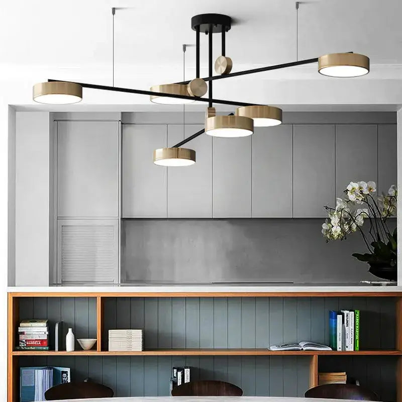 Modern black and brass geometric led chandelier with sleek circular pendant light fixture for dining room decorbites geometric led