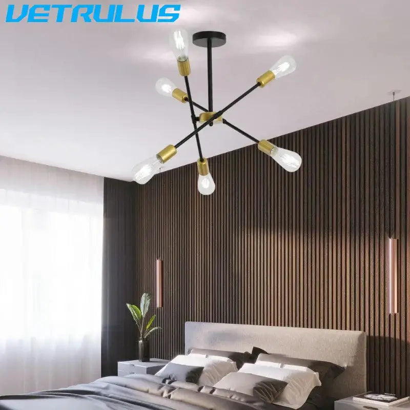 Modern black and brass iron sputnik chandelier with six exposed filament bulbs for dining room decorbites iron sputnik