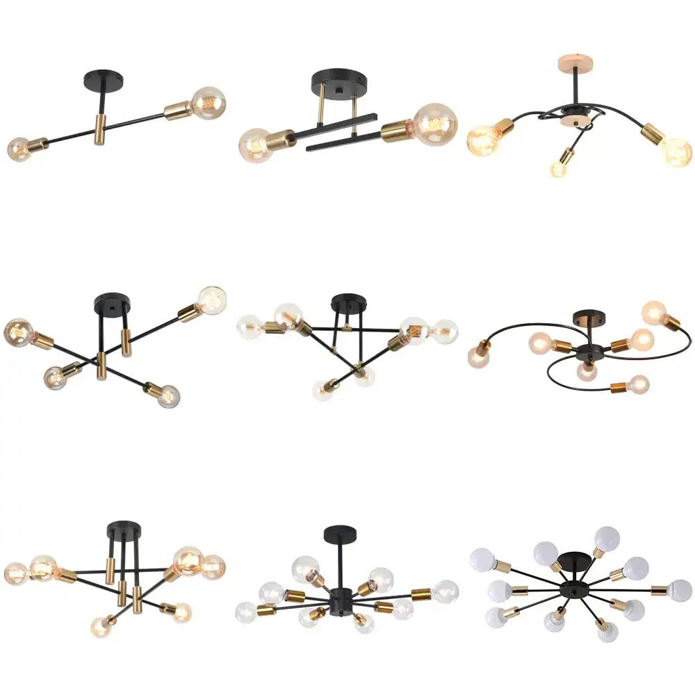 Modern black and brass iron wrought ceiling light fixture with exposed bulbs for dining room decorbites style