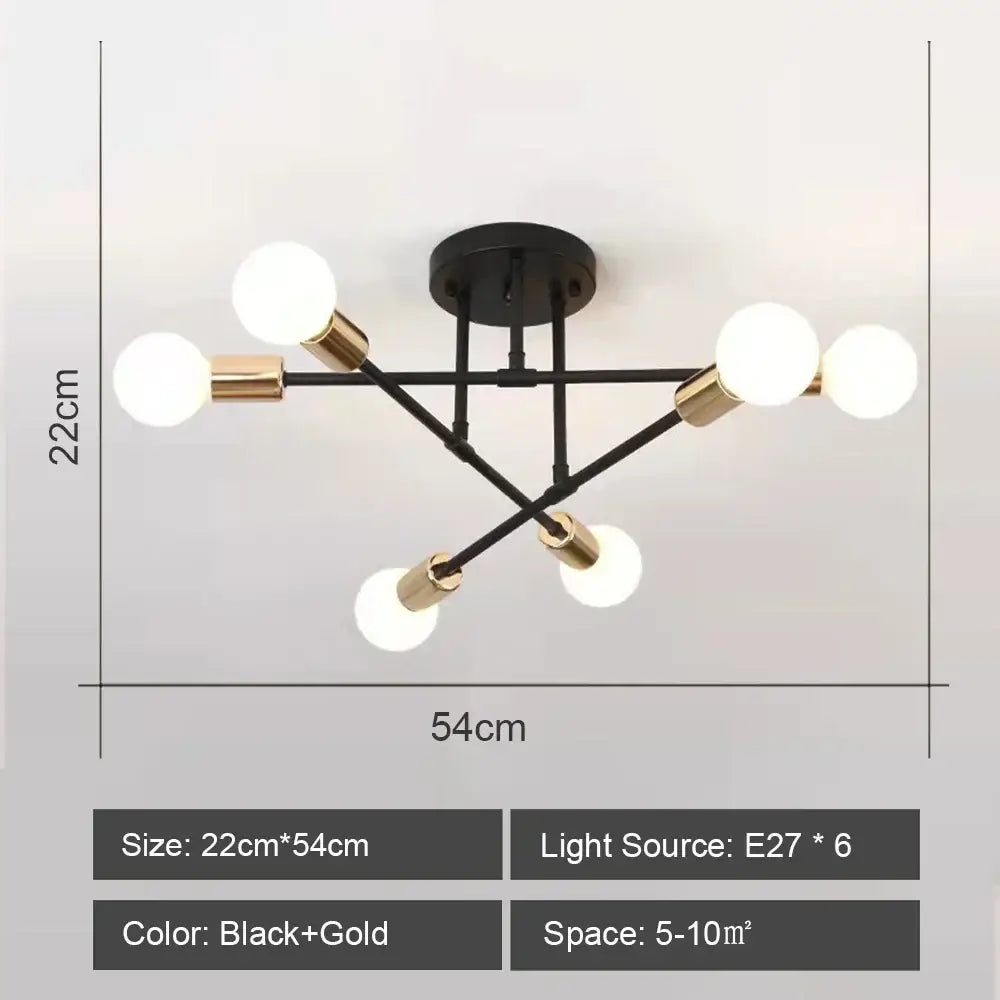 Modern black and brass iron wrought ceiling light fixture with six spherical bulbs for dining room decorbites ceiling light