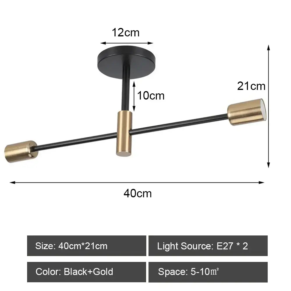 Modern black and brass iron wrought ceiling light fixture with two arms extending from a central rod for dining room decorbites
