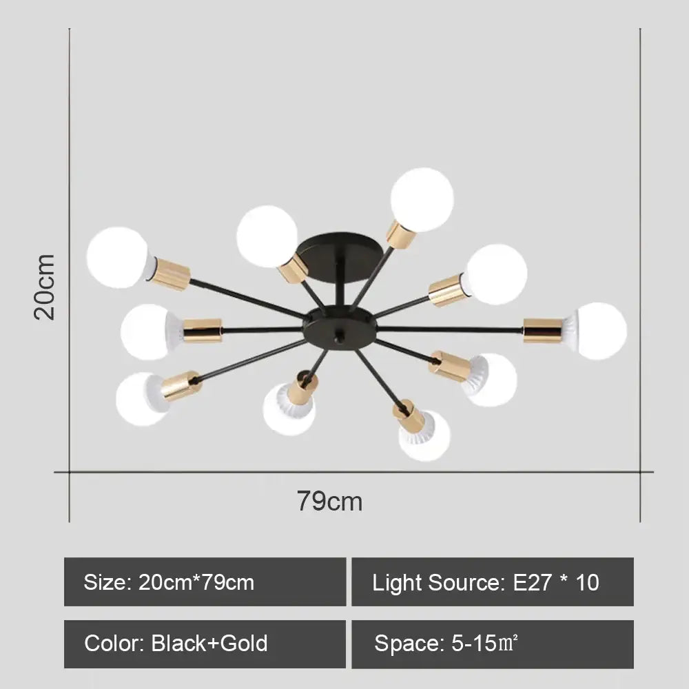 Modern black and brass iron wrought ceiling light fixture with ten white spherical bulbs for dining room decorbites iron wrought
