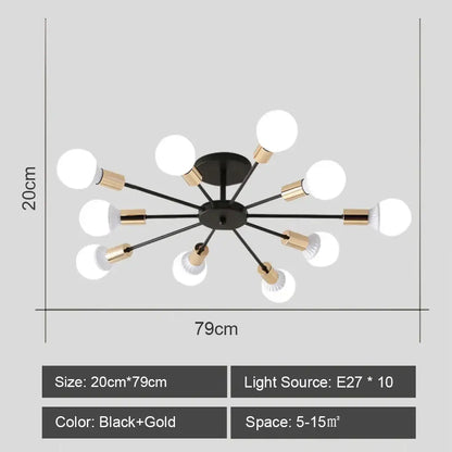 Modern black and brass iron wrought ceiling light fixture with ten white spherical bulbs for dining room decorbites iron wrought