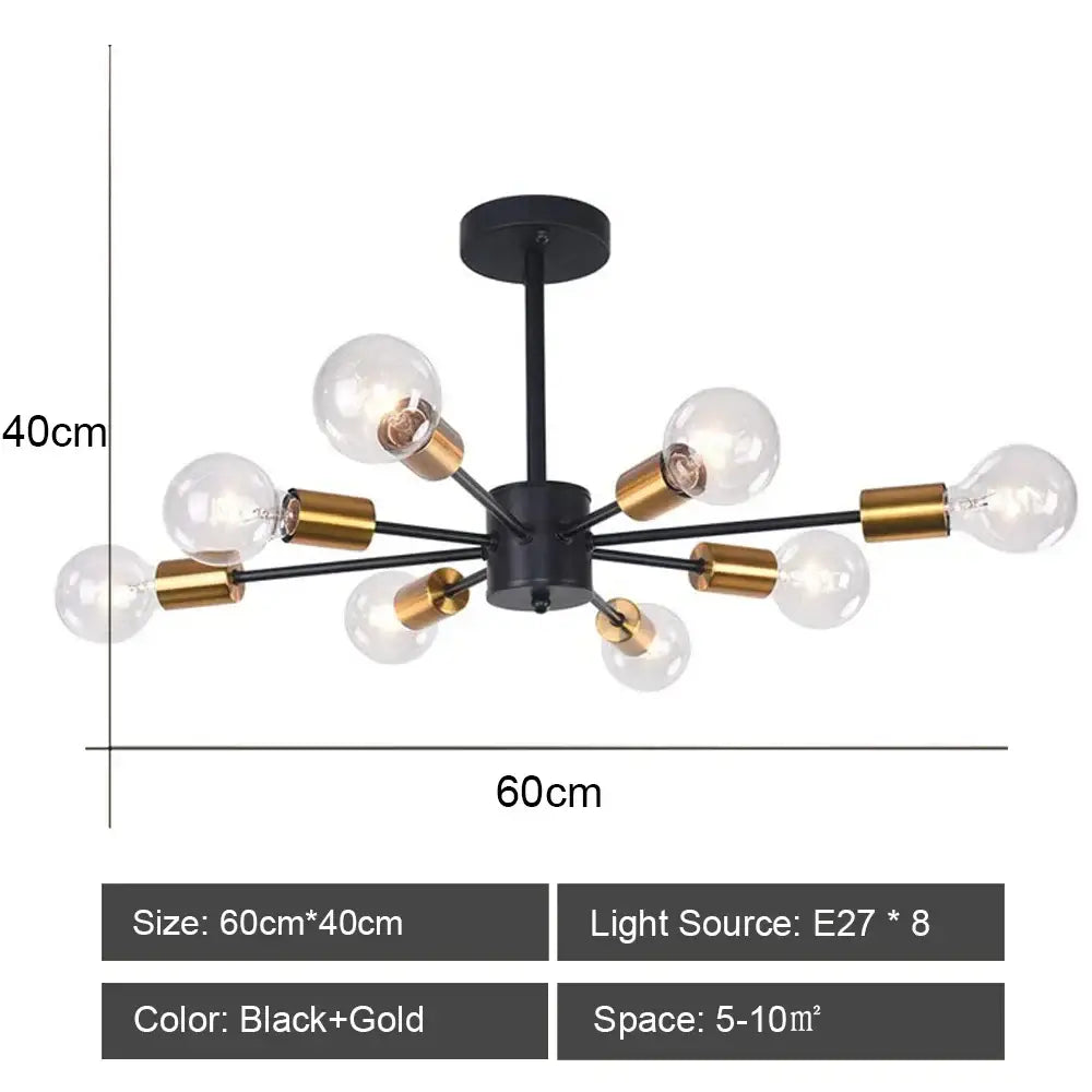 Modern black and brass iron wrought ceiling light fixture with eight exposed bulbs for dining room decorbites design