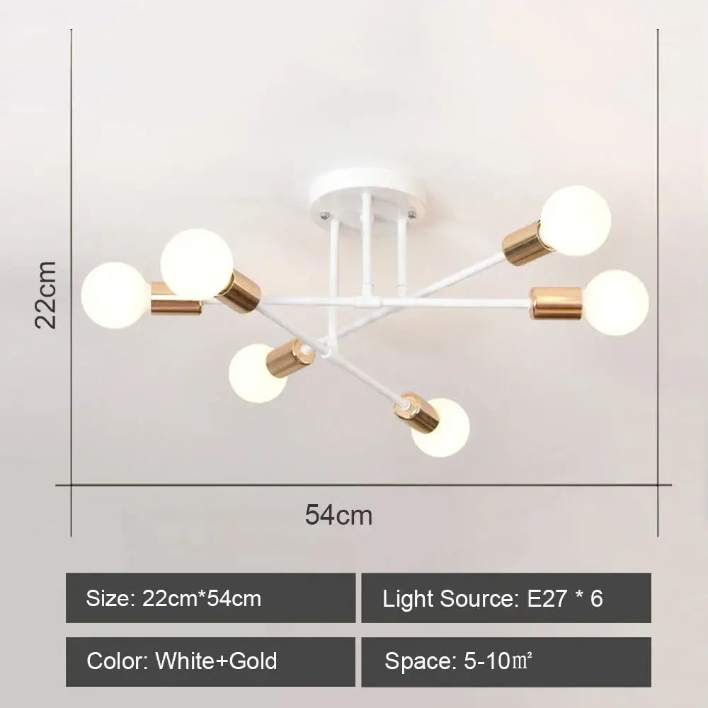 Modern white and gold ceiling light fixture with six spherical bulbs for dining room decorbites iron wrought design