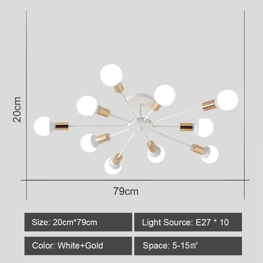 Modern black and brass iron wrought ceiling light fixture with white and gold starburst design and ten E27 bulbs for dining room