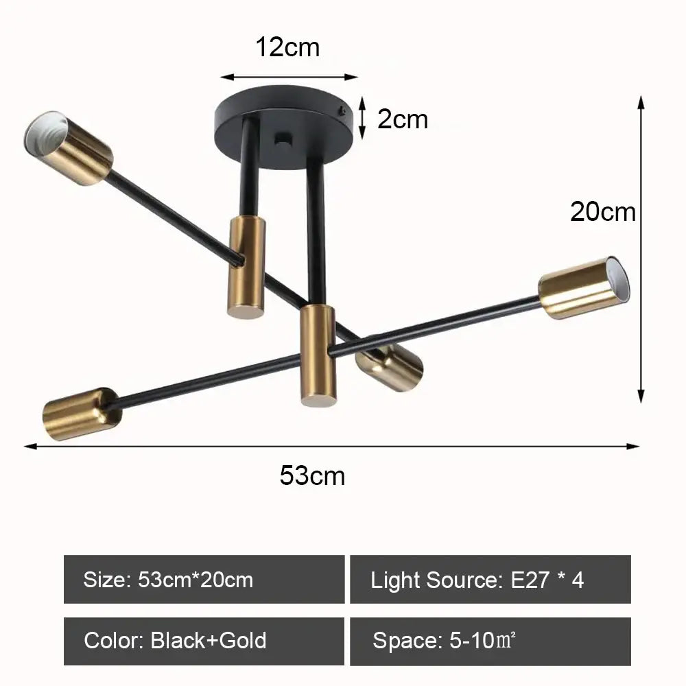 Modern black and brass iron wrought ceiling light fixture with four arms for dining room decorbites lighting decor